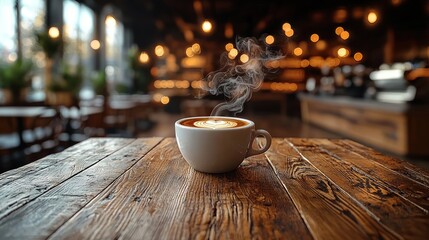 Steaming Cup of Coffee on Wooden Table in Cozy Cafe Setting