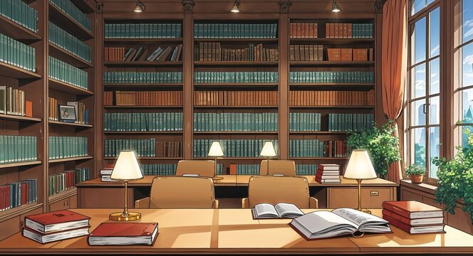 Quiet library style office with bookshelves reading lamps and individual desks on manga design illustration background