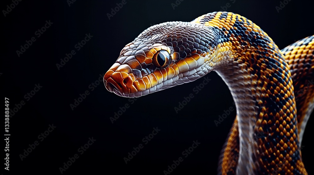Poster python is shown with its patterned skin and a raised head against a dark backdrop, highlighting its 