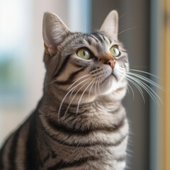 Profile portrait of an American Shorthair cat sitting beside a window in a light room with blurred background. Closeup face of a American Shorthair cat at home. Portrait of a tabby cat with sleek fur.