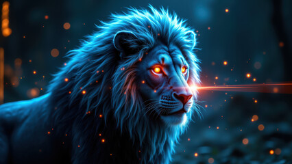 An artistic illustration of a lion's face with cybernetic eyes, symbolizing cybersecurity.