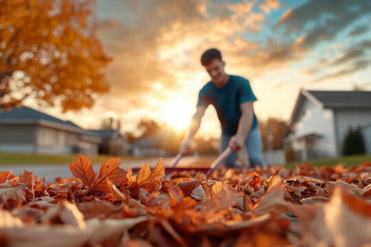 Handsome young man is collecting fallen autumn leaves from yard near his house