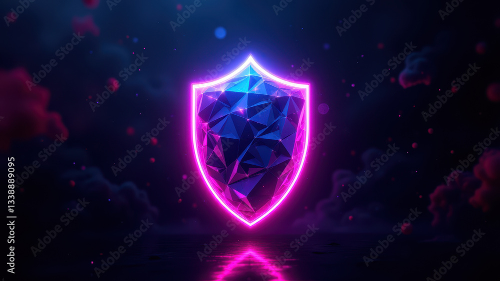 Poster a digital shield with a blue and pink glow on a futuristic background, symbolizing protection in cyb