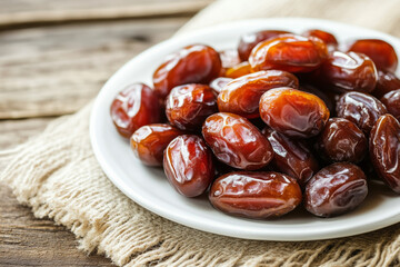 Fototapeta premium Fresh dates close up served on white plate on wooden table.