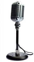 Vintage Microphone on Stand Silver, Close-up, Broadcasting Concept, podcasting, music Podcasting, Retro microphone