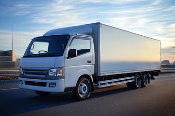 Fototapeta premium White Box Truck on Highway at Sunset Composition, Image Details and Concept, trucking, logistics