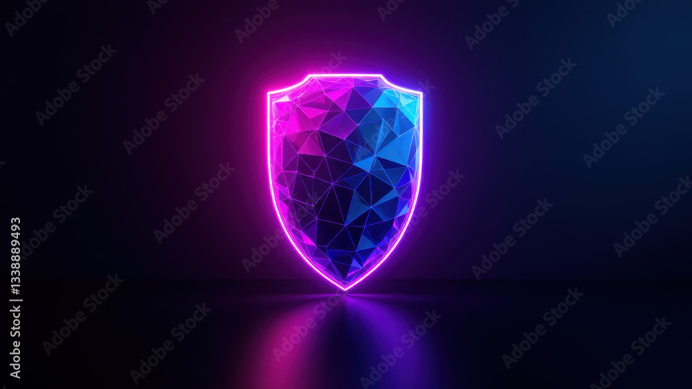 Poster stylized 3d shield with neon elements representing cybersecurity.