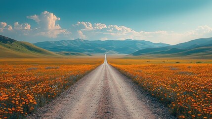 Naklejka premium Endless Straight Road Cutting Through Vast Landscape with Flowers