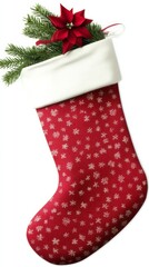 Red Christmas Stocking with Snowflake Pattern and Poinsettia, Christmas Decorations, Festive Holiday Image Christmas Stocking, Holiday Decor