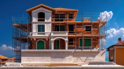 A luxurious mansion under construction showcases exquisite Italian architecture with terracotta roofing and intricate detailing du its final stages of development near a