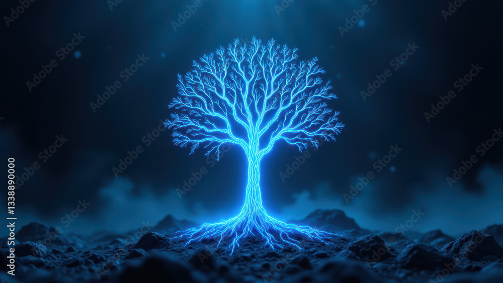 Poster a surreal, artistic depiction of a cybersecurity environment with a tree growing from a data center,