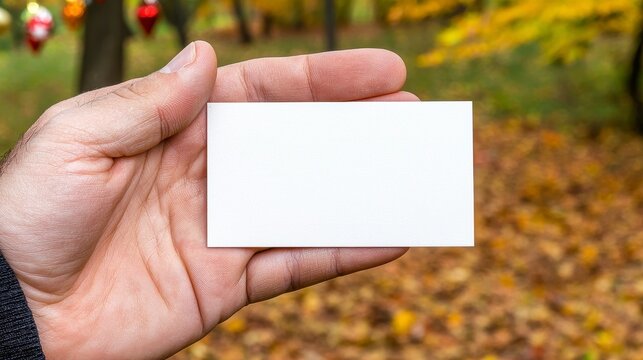 Hand Holding Blank White Business Card Autumn Park Background