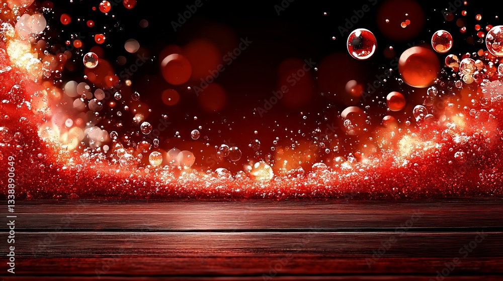 Poster red liquid background shows abstract design with varying sized bubbles and light effects over a dark