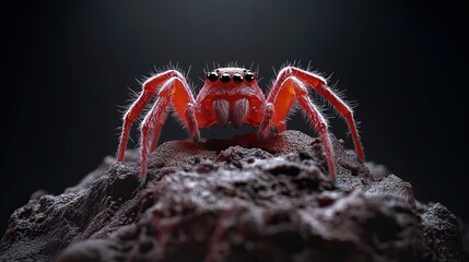 Red spider stands prominently on a textured rock surface, its hairy legs clearly visible against a dark, blurred background, showcasing its multiple e