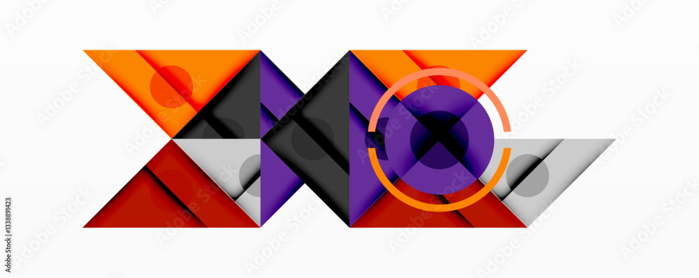 Poster abstract geometric composition with intersecting triangles, circles, and gradients, creating a dynam