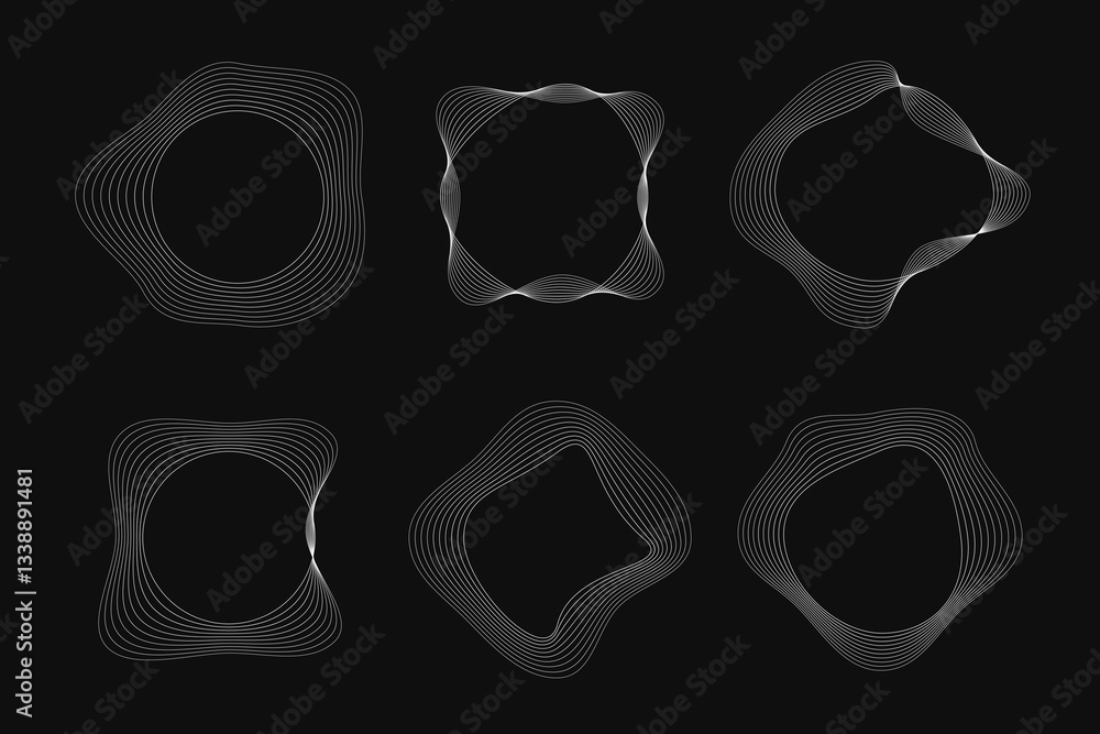 Poster set of round curved frames with dynamic wavy stripes