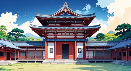 Obraz premium Traditional Japanese Noh theater building design on manga design illustration background