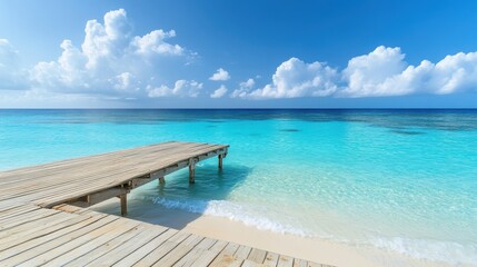 Naklejka premium Clear turquoise waters with wooden pier under blue sky
