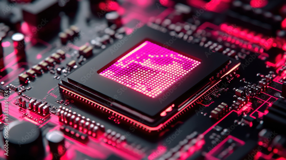 Poster high tech circuit board with glowing processor in vibrant red hues