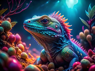 Obraz premium Mystical Underwater Lizard: Bioluminescent Reptile in Vibrant Coral Reef