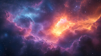A colorful space scene with a large cloud of orange and blue