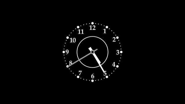 Minimalist Analog Clock isolated animation, A minimalist analog clock with white hands and numbers on a black background
