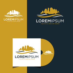 Gold Logo Design Template for City Landscape with Abstract Mountains and Waves
