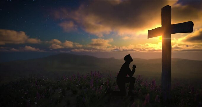 Silhouette of a man praying in front of the cross on a meadow with moving clouds on blue starry sky. Easter, resurrection, new life, redemption concept. 4k