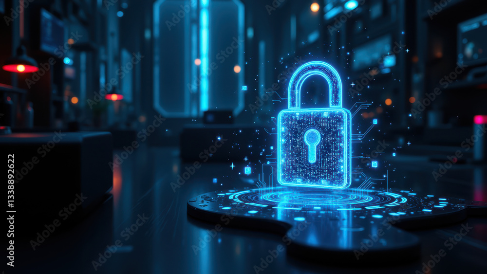 Poster a futuristic image featuring a glowing green lock emblem representing cybersecurity, superimposed on