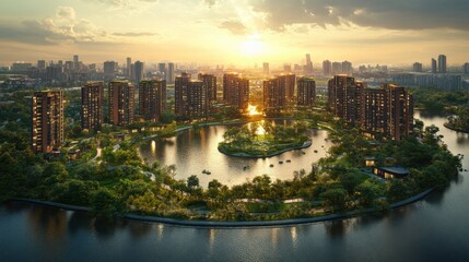 Fototapeta premium Breathtaking Aerial Photography of an Eco-Friendly City with Vibrant Nature, Stunning Buildings, and Serene Waterways