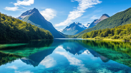 Huge lake that stretches to the mountains on the horizon. Green forests along the banks. Fluffy clouds are reflected in the crystal-clear water. Beautiful sunny day. Wallpaper, background, poster
