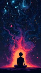 Cosmic Contemplation: A lone figure meditates in lotus position, their silhouette silhouetted against a vibrant nebula, representing inner peace and connection with the cosmos.