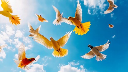 Obraz premium Several birds are flying through the bright blue sky with scattered white clouds, displaying their wings and vibrant colors in a dynamic aerial scene.
