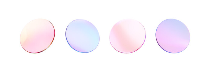 Glass round color lens transparent. 3d gradient holographic disk icon. Light circle badge element. Abstract disc, lens, button, badge, podium, frame flying gradation texture. Vector 3d illustration