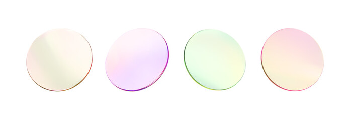 Glass round color lens transparent. 3d gradient holographic disk icon. Light circle badge element. Abstract disc, lens, button, badge, podium, frame flying gradation texture. Vector 3d illustration