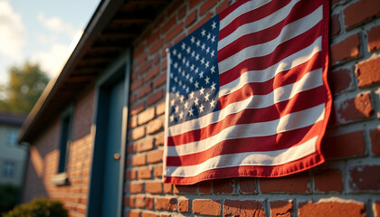 Obraz premium United States flag hanging on brick wall