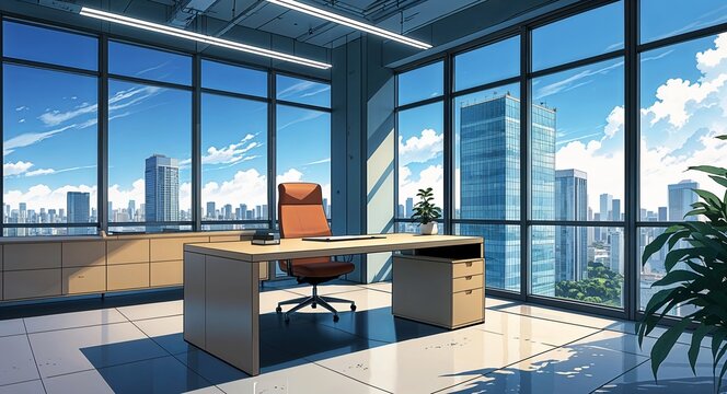 A high rise office with a modern minimal desk and floor to ceiling windows on manga design illustration background