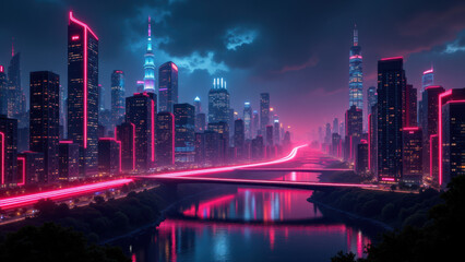Obraz premium Futuristic city skyline with cyberpunk elements under a dramatic pink-hued sky.