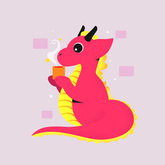 pink dragon with a mug in his hand.