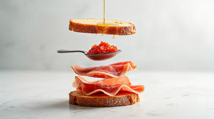 Pan con jamón ibérico y tomate flotante con miel cayendo sobre rebanada