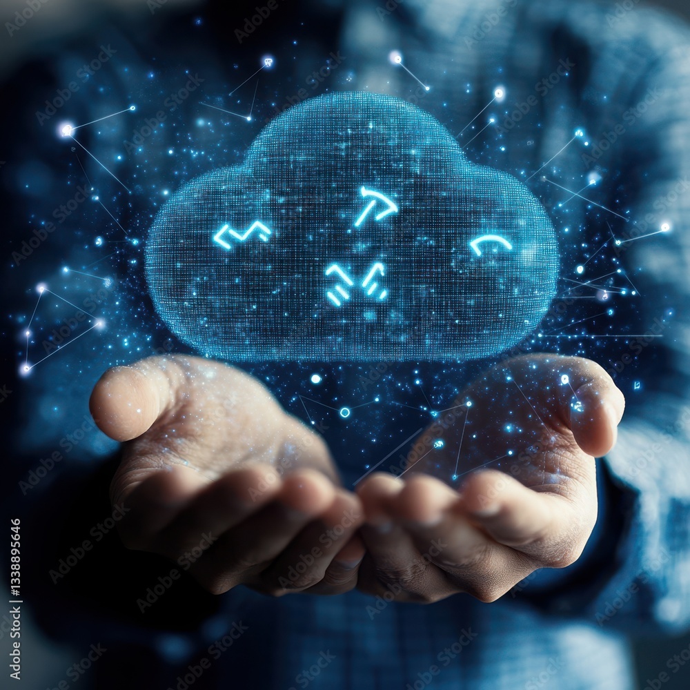 Aufkleber person holding a digital cloud representing data processing and network connectivity