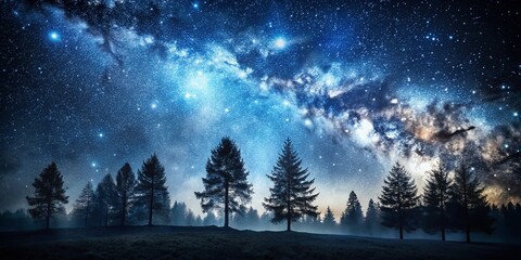 Fototapeta premium Monochrome Starry Night Sky Silhouette Trees - Surreal Night Photography
