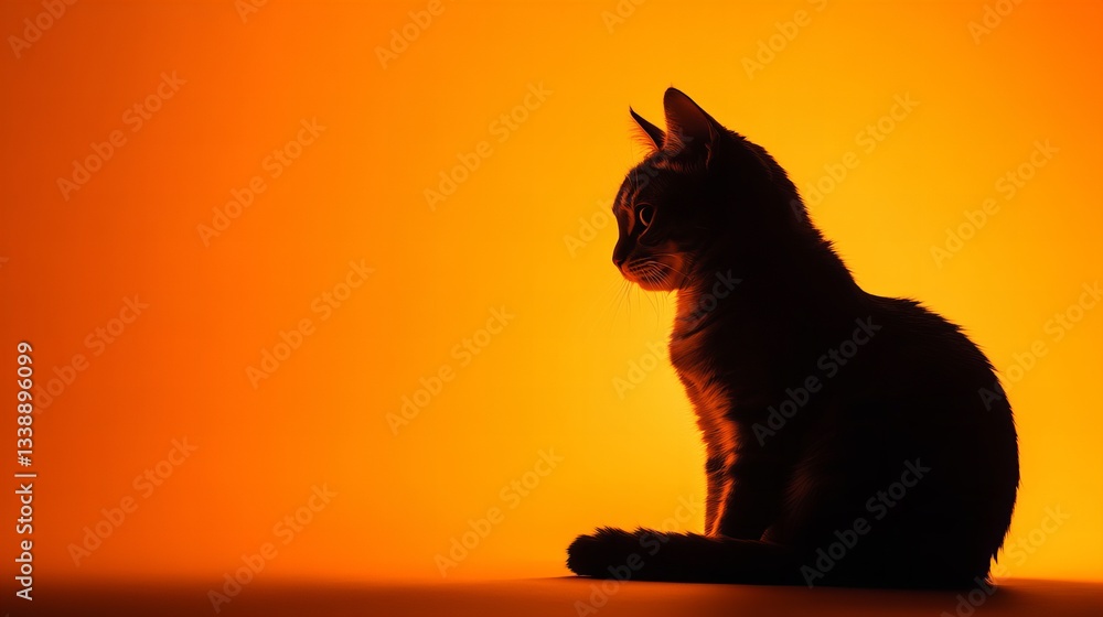 Poster silhouette of a cat sits illuminated by a warm, orange background, creating a stark contrast between