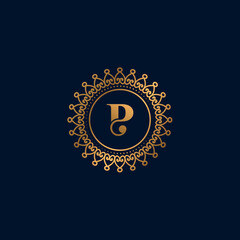 Gold Ornate Letter P Logo on Dark Blue