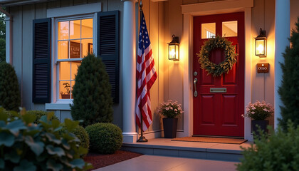 Fototapeta premium Charming home entrance with red door and American flag