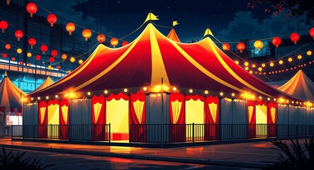 Brightly lit carnival tent with red and yellow stripes building design on manga design illustration background