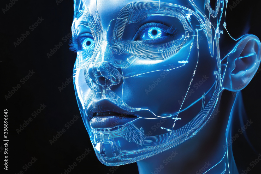 Poster futuristic close-up of a digital face with glowing blue circuitry in a dark environment captures the