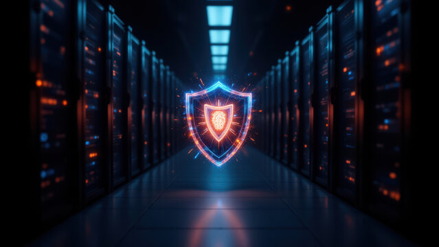 Secure server room with a glowing shield of protection at its entrance, symbolizing cybersecurity and data security.