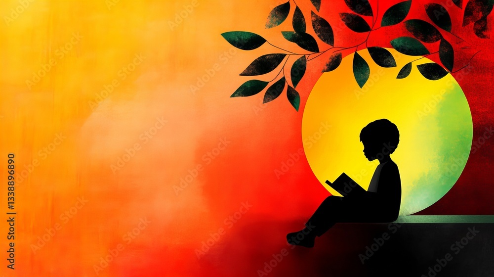 Poster silhouette of a child is reading a book while sitting in front of a sun like circle with hanging lea