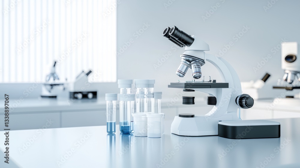Poster a modern laboratory setting featuring a microscope and test tubes, highlighting the essence of scien